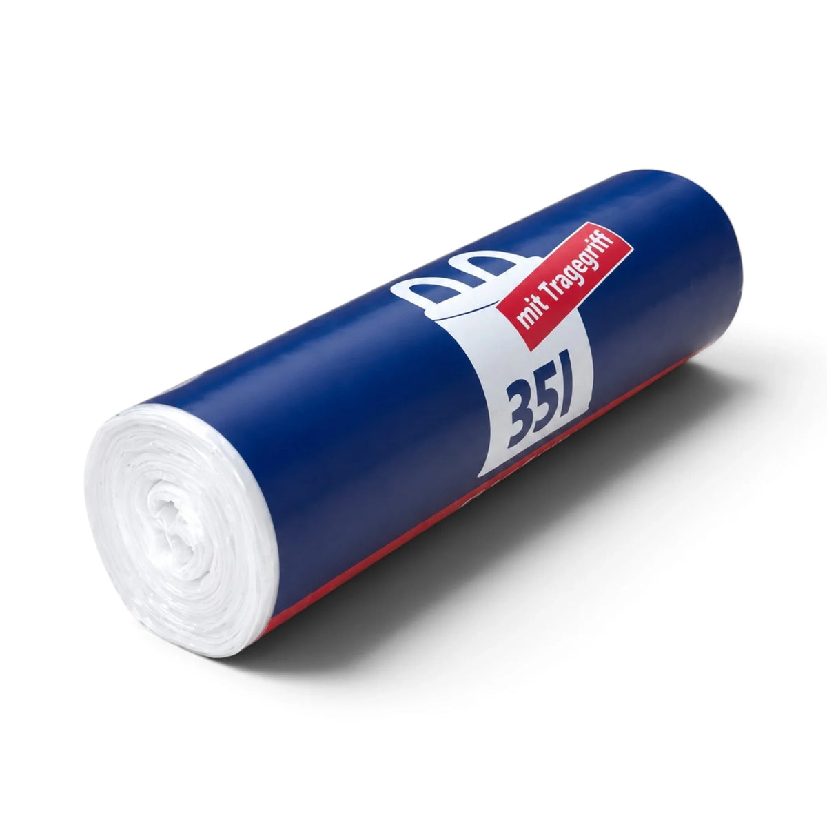 Transparente Müllbeutel-Rolle mit Tragegriff, 35 l, blaues Rollenetikett