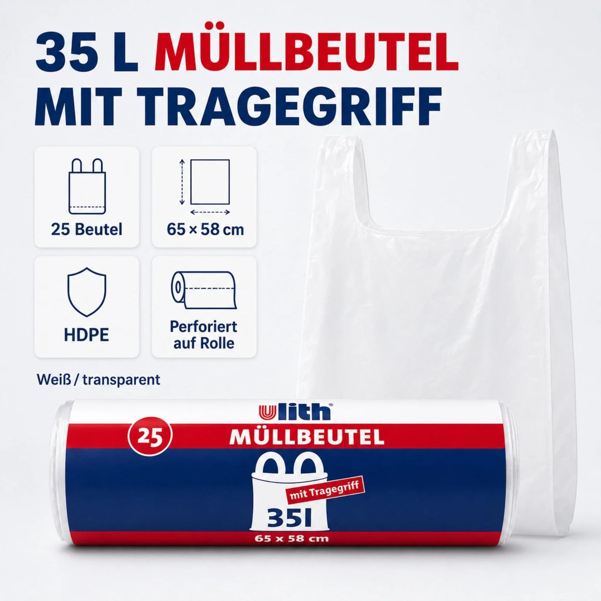 Müllbeutel-Rolle mit Tragegriff, 35 l, sowie transparenter Müllbeutel