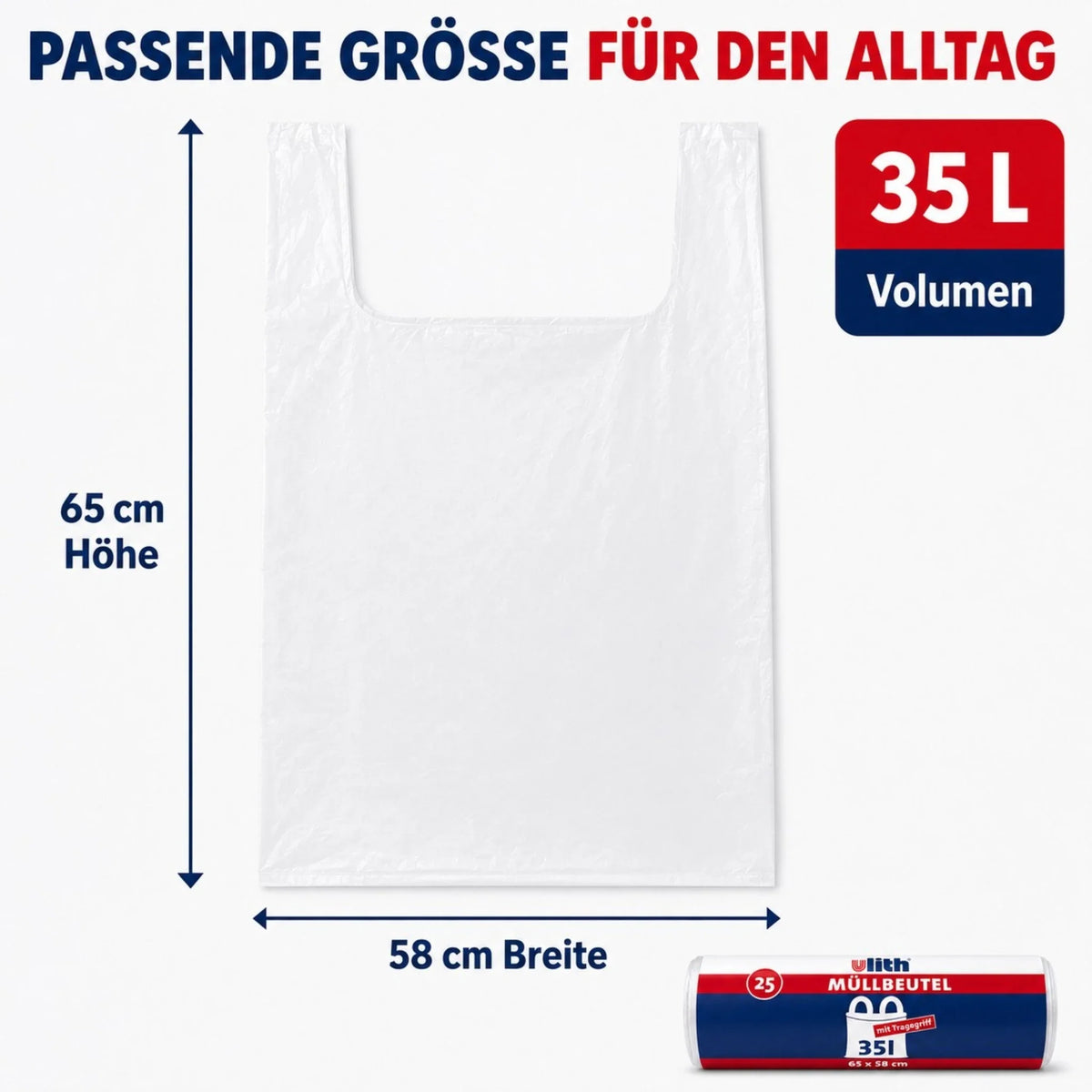 Transparenter Müllbeutel mit Griff, 65×58 cm, passend für 35 l
