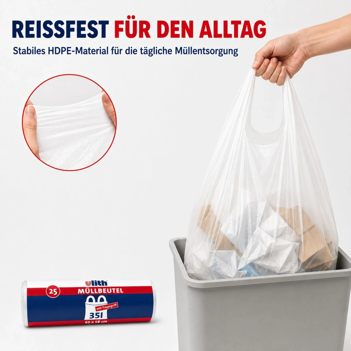 Hand hält transparenten Müllbeutel über Behälter, 35 l, mit Tragegriff