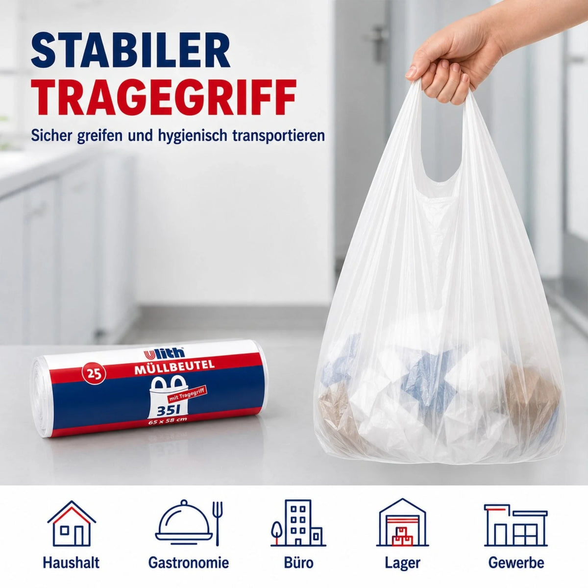 Transparenter Müllbeutel mit Tragegriff, in der Hand gehalten, neben Rollenpackung 35L