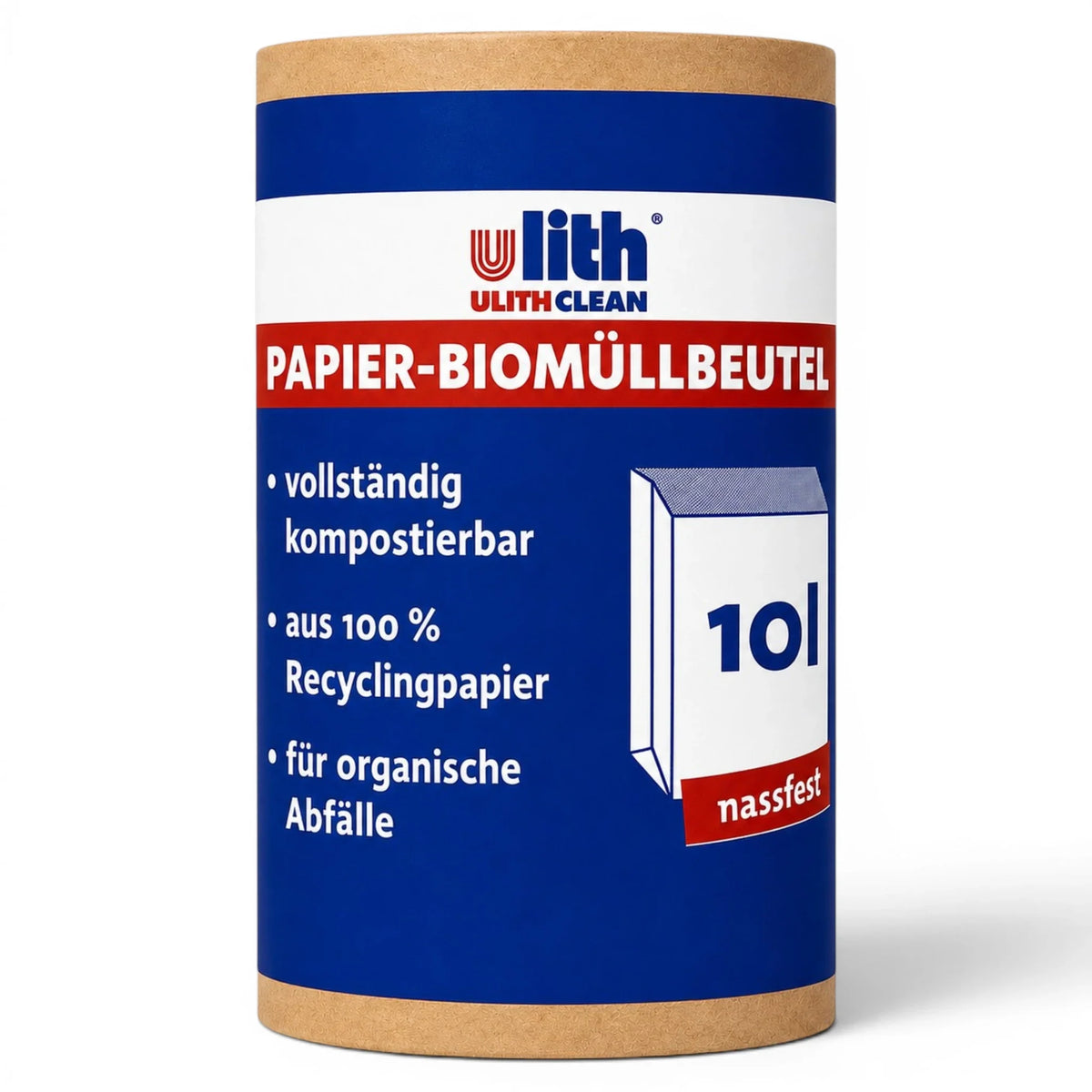 Rolle Papier-Biomüllbeutel 10 l aus Recyclingpapier, braunblaues Verpackungsetikett