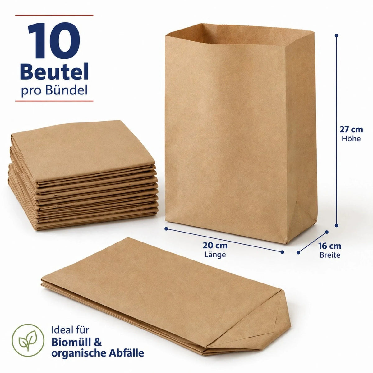 Gefaltete braune Papier-Biomüllbeutel, Stapel und offene Tüte für 10 l