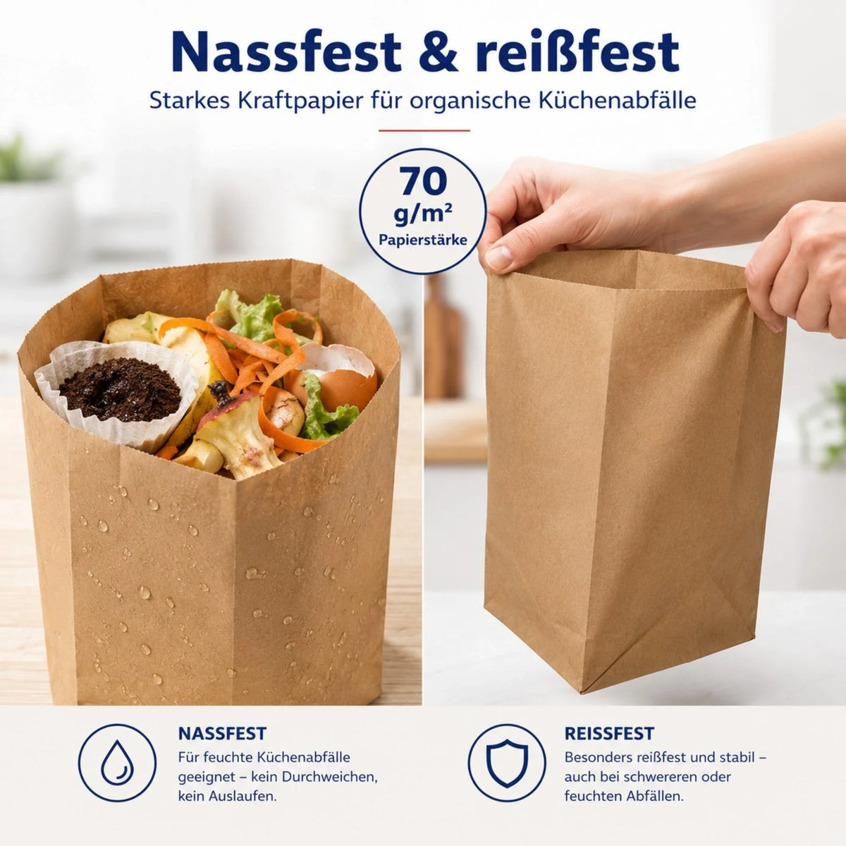 Braune Papier-Biomülltüte aus Kraftpapier, gefüllt mit Küchenabfällen