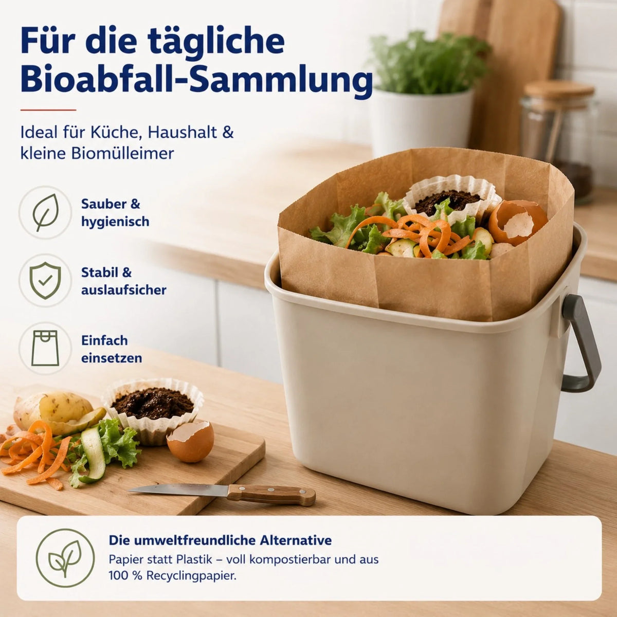 Brauner Papier-Biomüllbeutel für Bioabfall, in eckiger Sammelbox eingesetzt