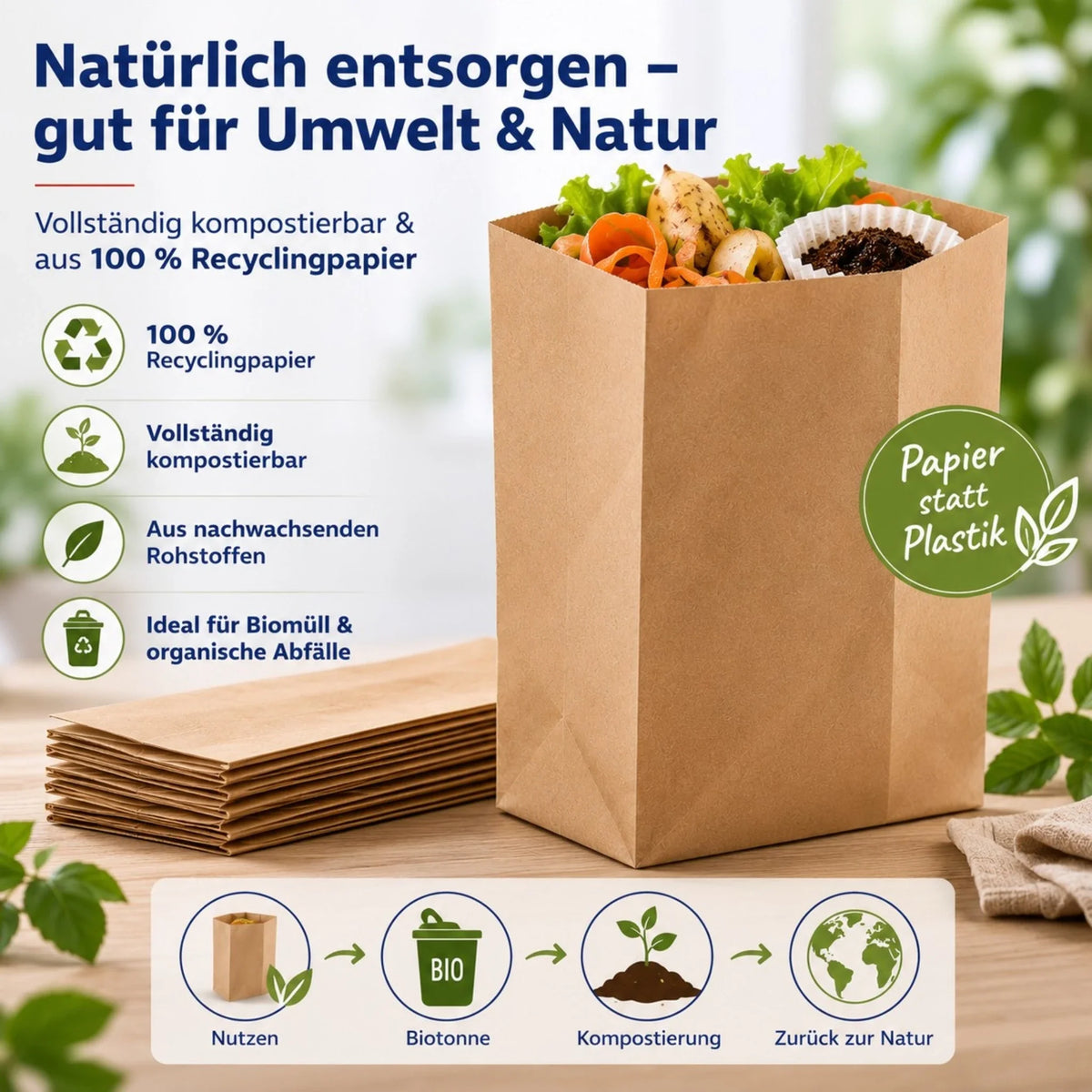 Braune Papier-Biomülltüte 10 l, offenes Tütchen mit Bioabfällen