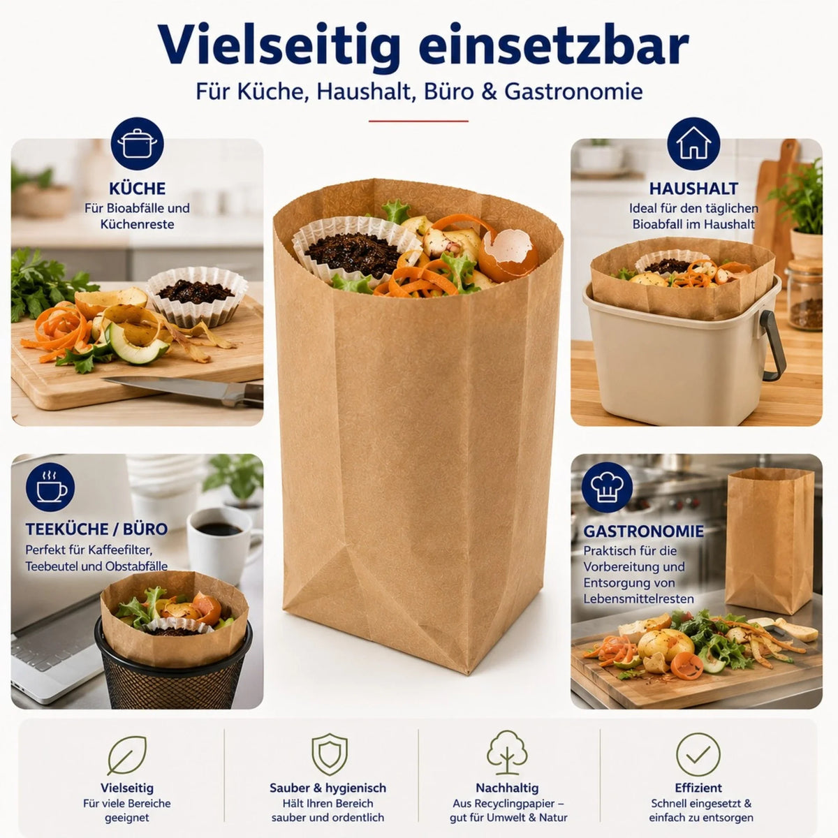 Papier-Biomüllbeutel aus braunem Kraftpapier, vielseitig einsetzbar