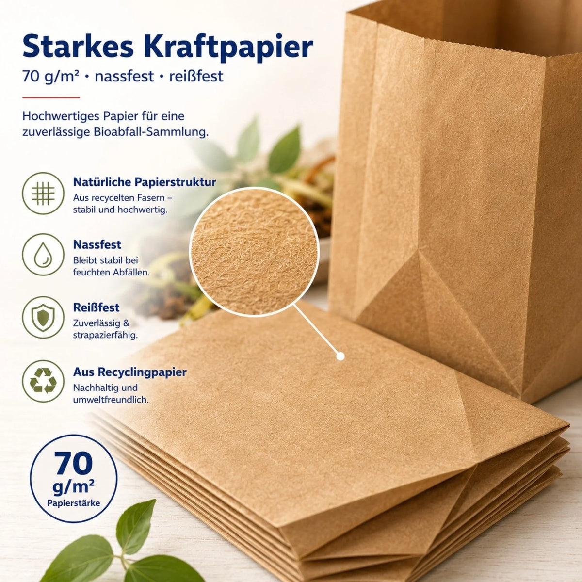 Stapel brauner Papier-Biomüllbeutel aus Kraftpapier, 70 g/m² Nass- und Reißfest