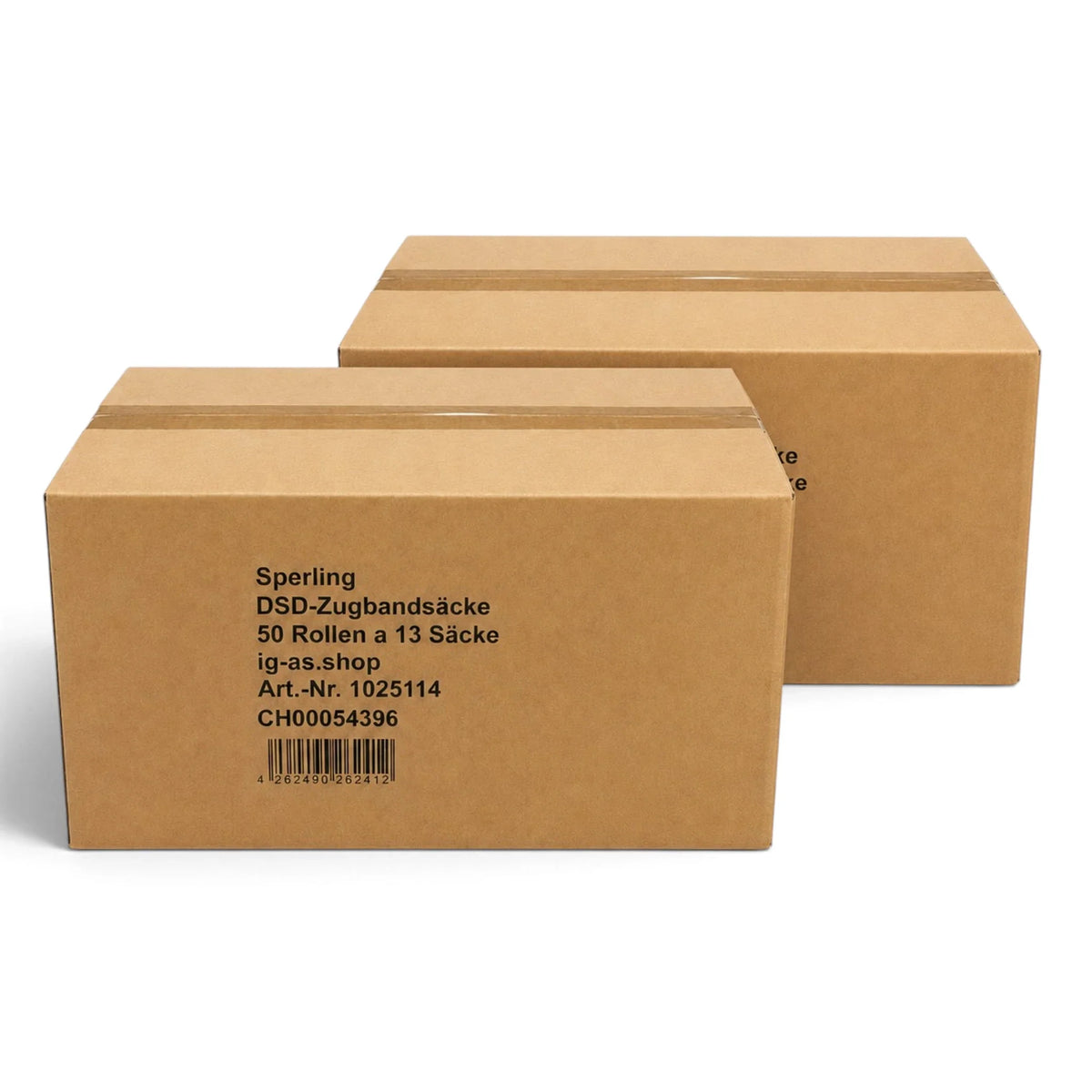 Verschlossene braune Kartonverpackung für gelbe Zugbandsäcke