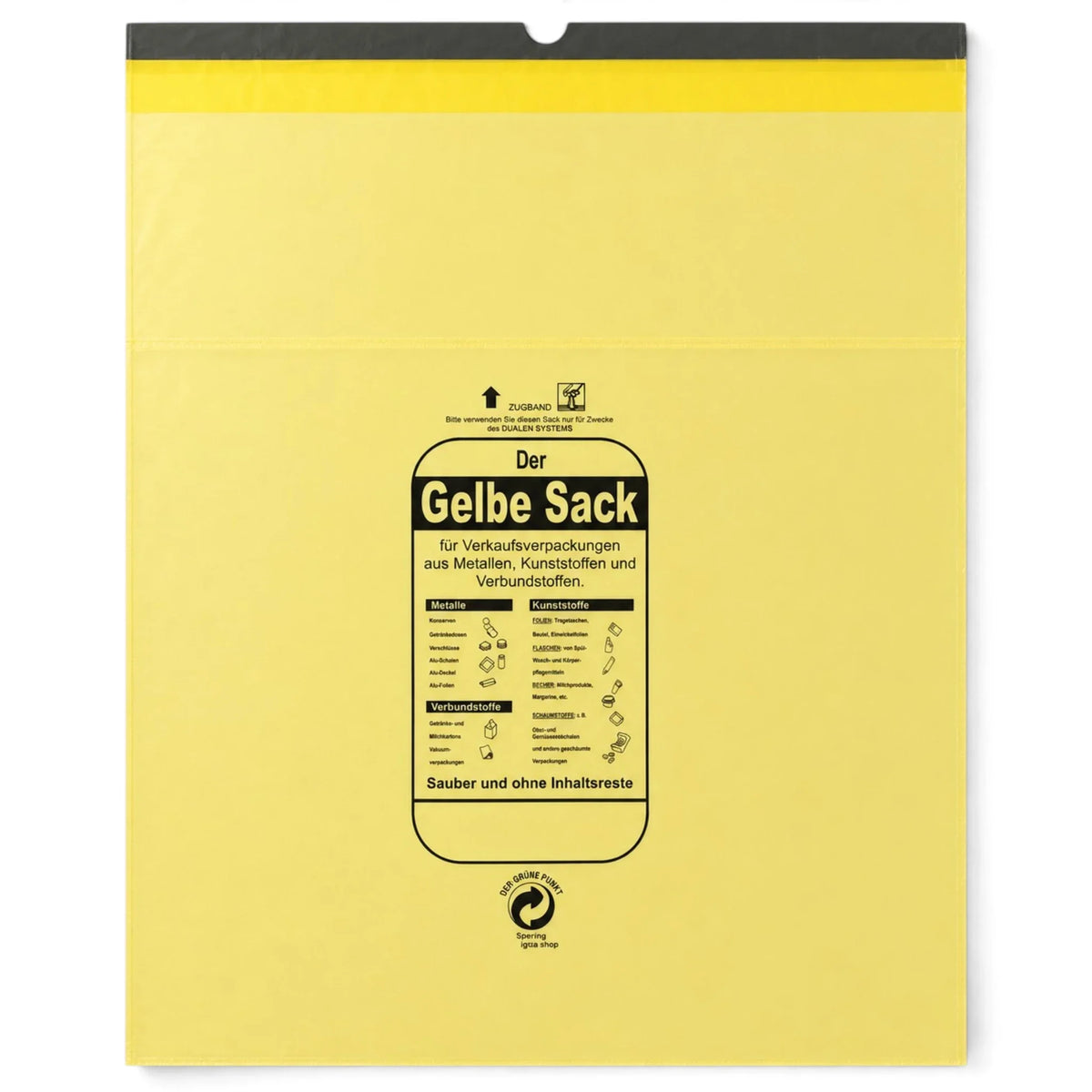 Gelber Beutel im Sackformat mit Zugloch und Aufdruck „Der Gelbe Sack“