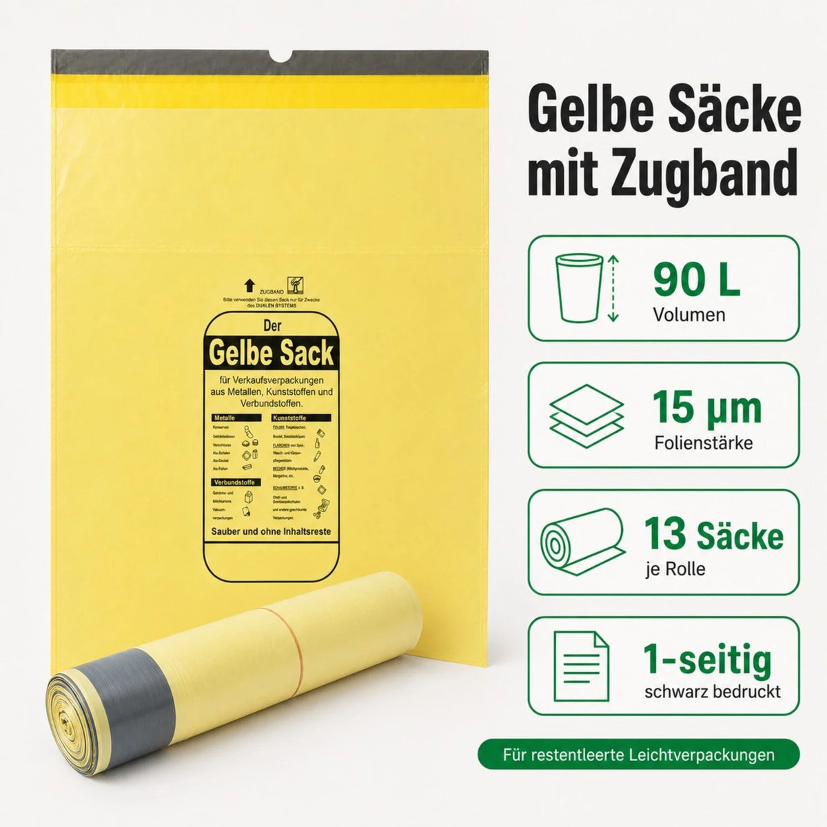 Gelber Sack mit Zugband-Aufdruck, Rollenansatz und Hinweisboxen zu Volumen und Stärke