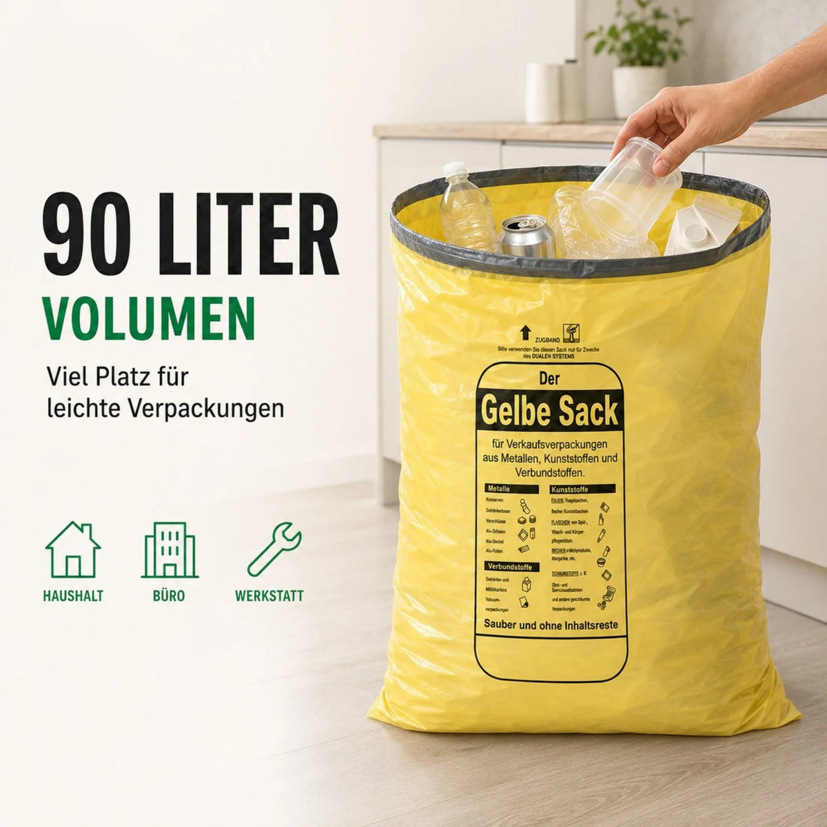 Gelber Sack im Mülleimer, Aufdruck „Der Gelbe Sack“ auf Taschenoberfläche