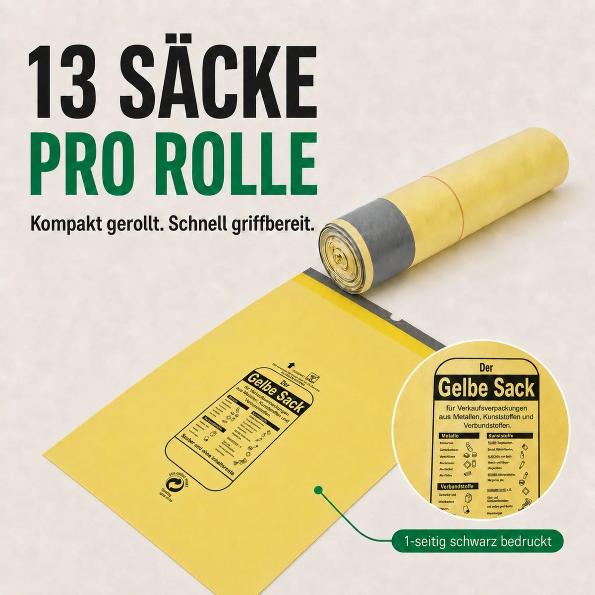 Gelbe Säcke-Rolle mit grauem Randband und Aufdruck „13 Säcke pro Rolle“