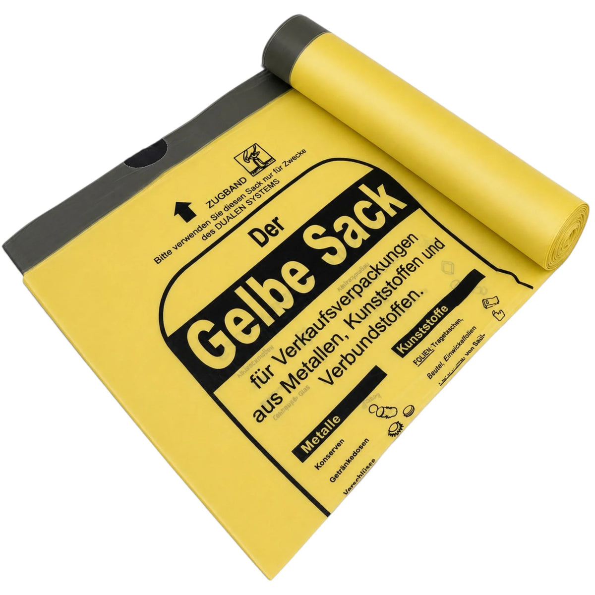 Gelbe Säcke-Rolle mit ausgerolltem Beutel und Aufdruck auf gelbem Sackmaterial