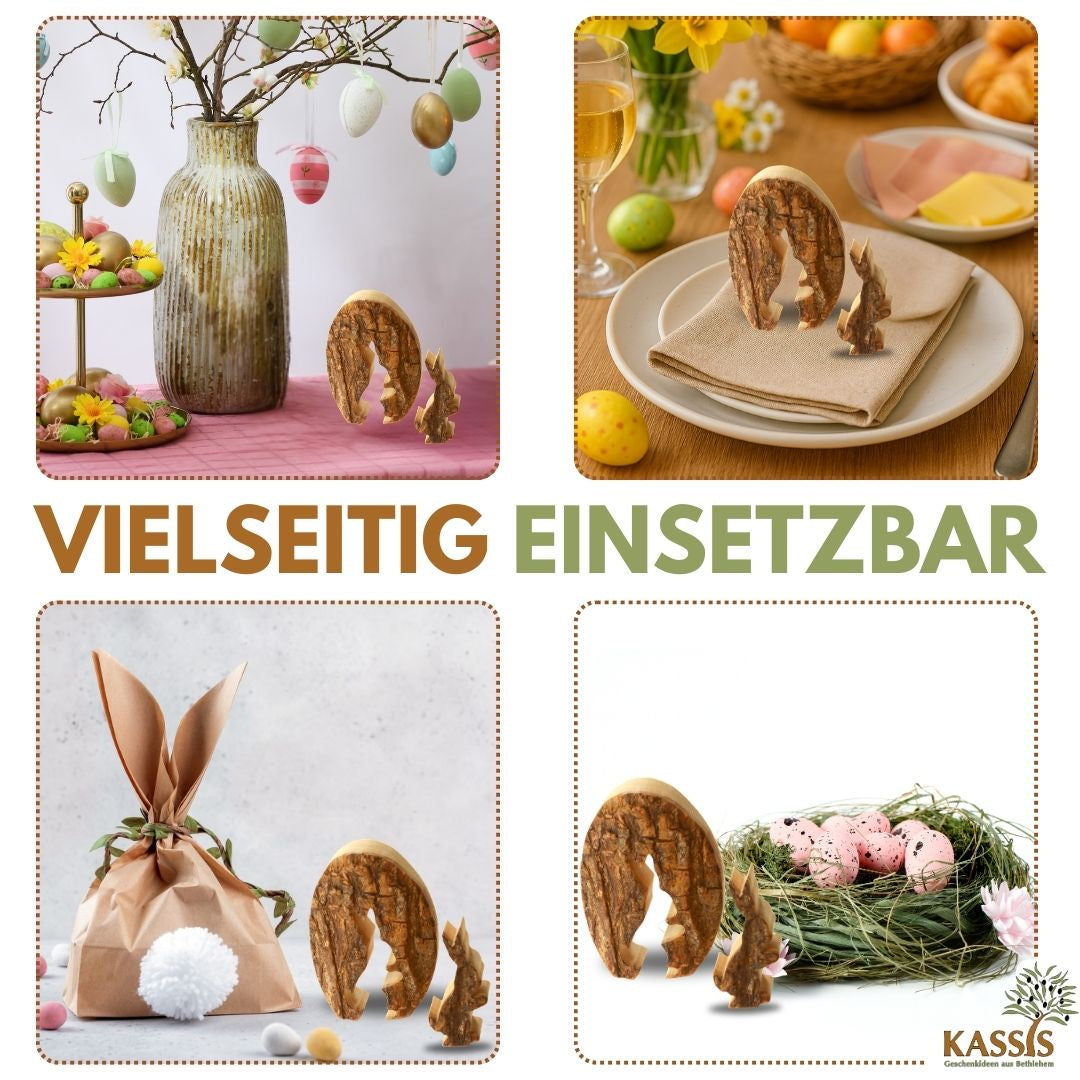 Osterhase im Ei aus Olivenholz mit Rinde | Liebevolle Tischdeko & Osterdeko für Frühling und Ostern