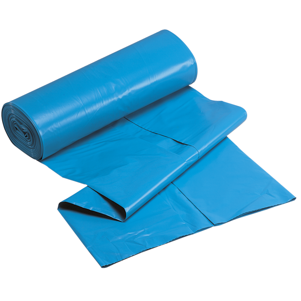 Blaue Müllsack-Rolle und ausgelegte Müllsäcke, Zugband