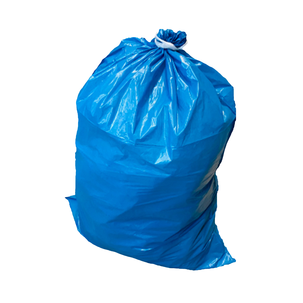 Blaue Müllsack-Rolle mit Zugband, gefüllt