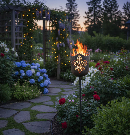 Gartenfackel auf Stab mit Lilienmuster und brennender Flamme