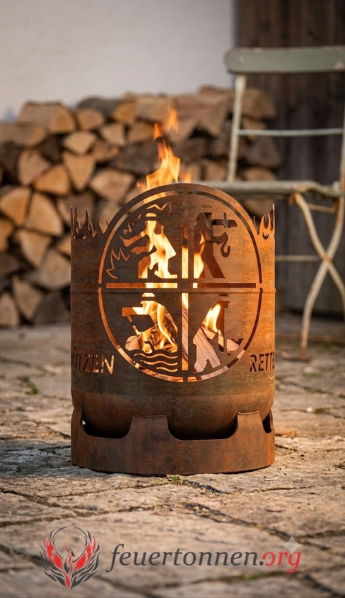 Rostige Feuertonne mit rundem Feuerwehr-Emblem und sichtbaren Flammen, offene Feuerschale