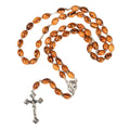 Rosenkranz mit ovalen Olivenholz-Perlen und Elementen aus Metall & Erde | Gebetskette mit Kreuz als Geschenk zur Taufe, Kommunion & Firmung