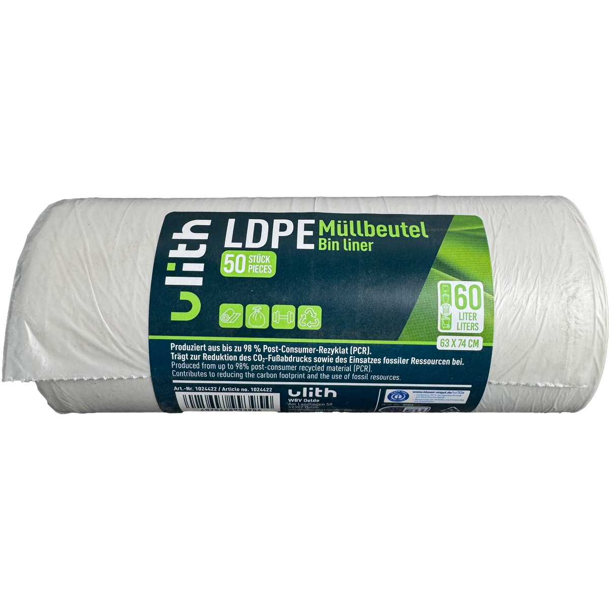 60L LDPE Müllbeutel - 10 my - 98% PCR - Blauer Engel - Made in EU