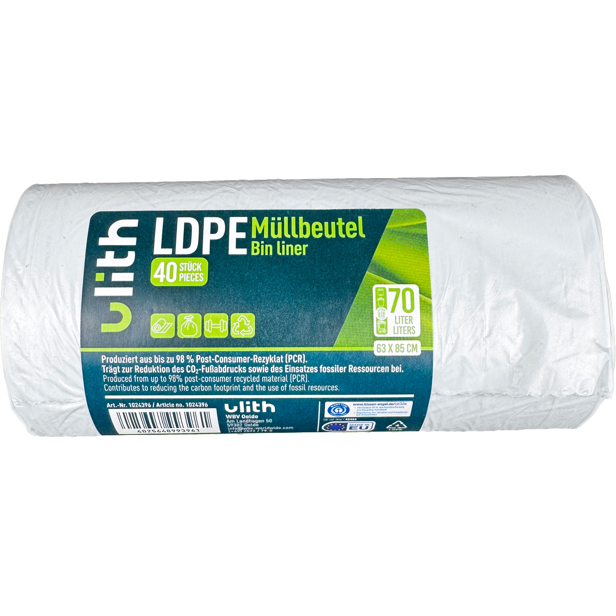 70L LDPE Müllbeutel - 11 my - 98% PCR - Blauer Engel - Made in EU
