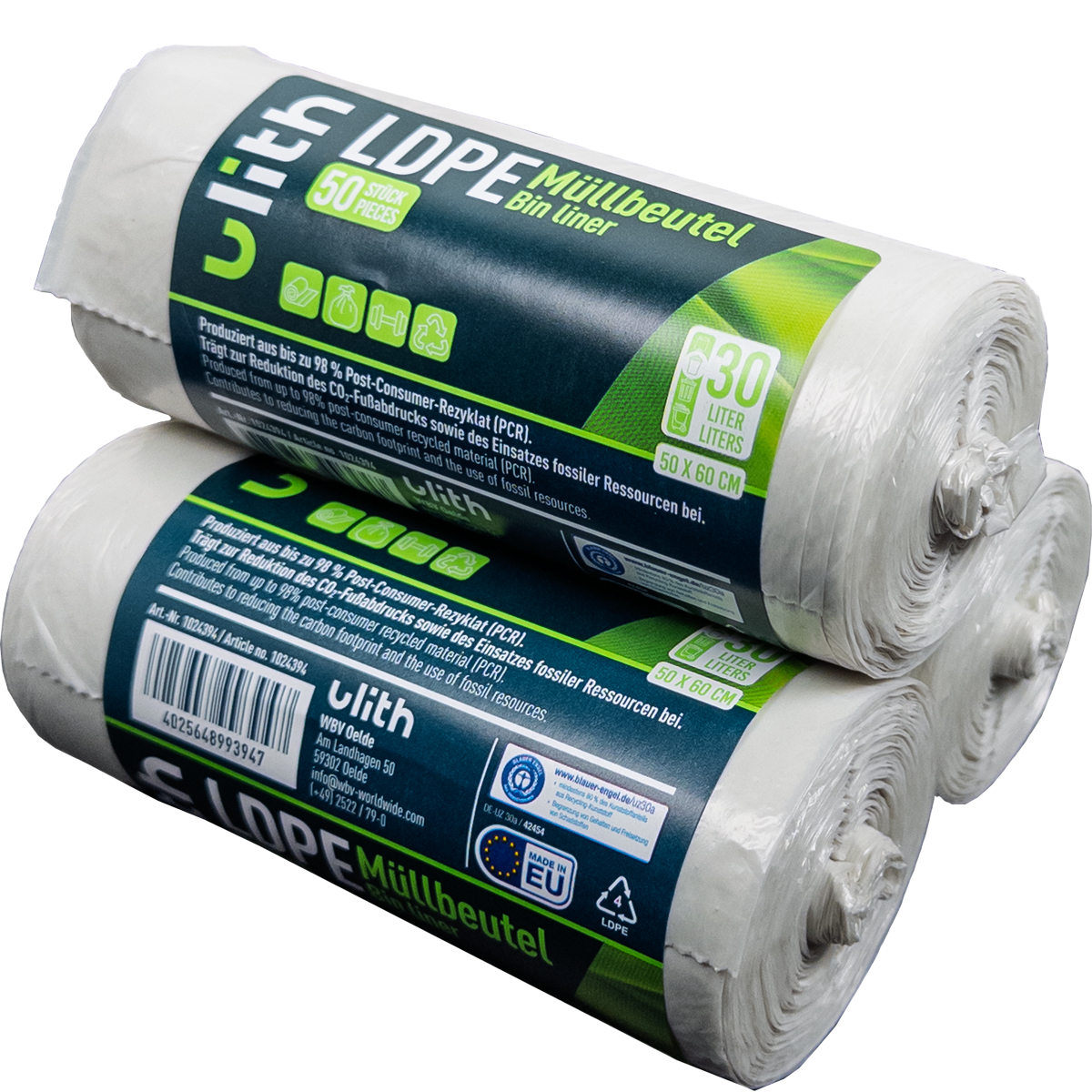 30L LDPE Müllbeutel - 9 my - 98% PCR - Blauer Engel - Made in EU