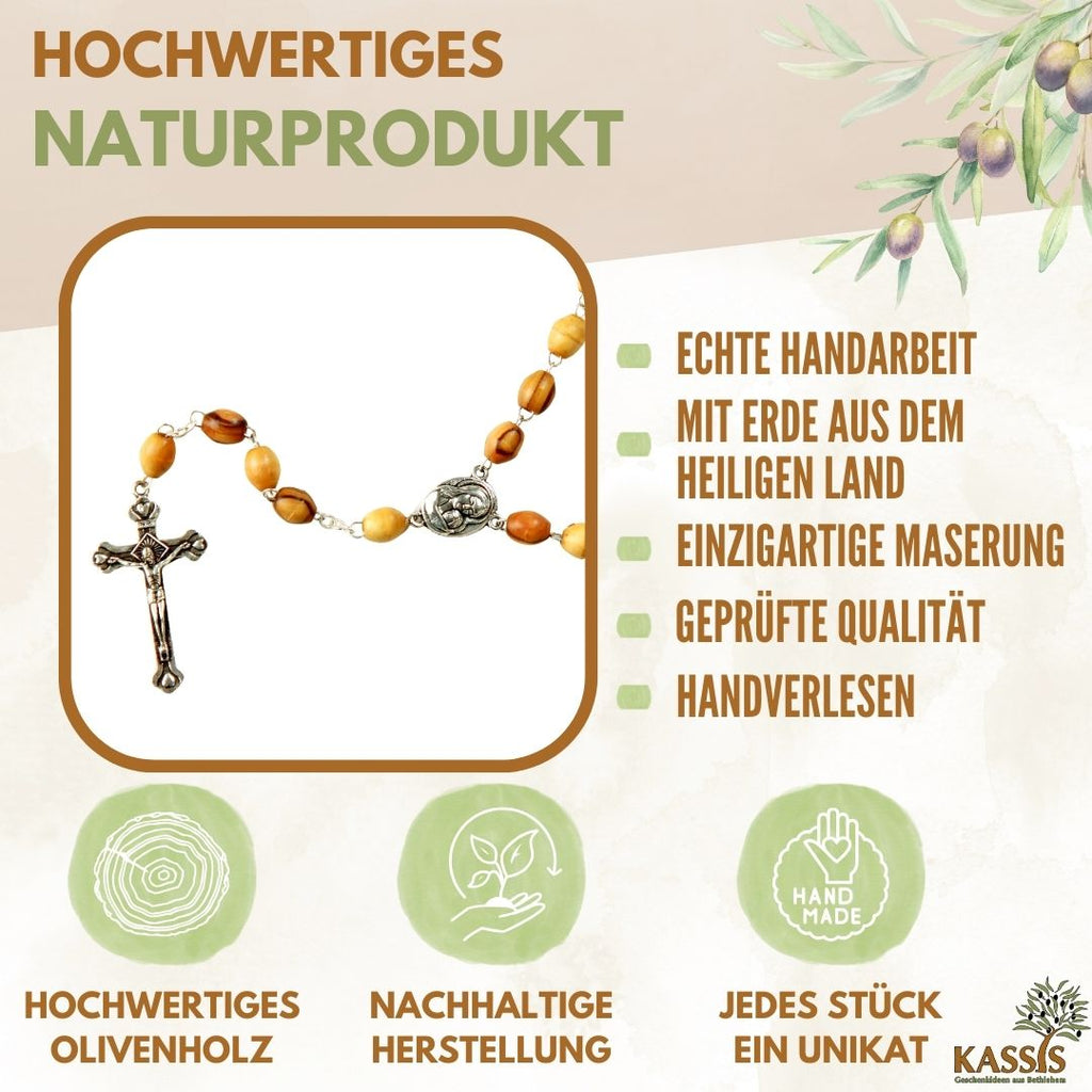 Rosenkranz mit ovalen Olivenholz-Perlen und Elementen aus Metall & Erde | Gebetskette mit Kreuz als Geschenk zur Taufe, Kommunion & Firmung