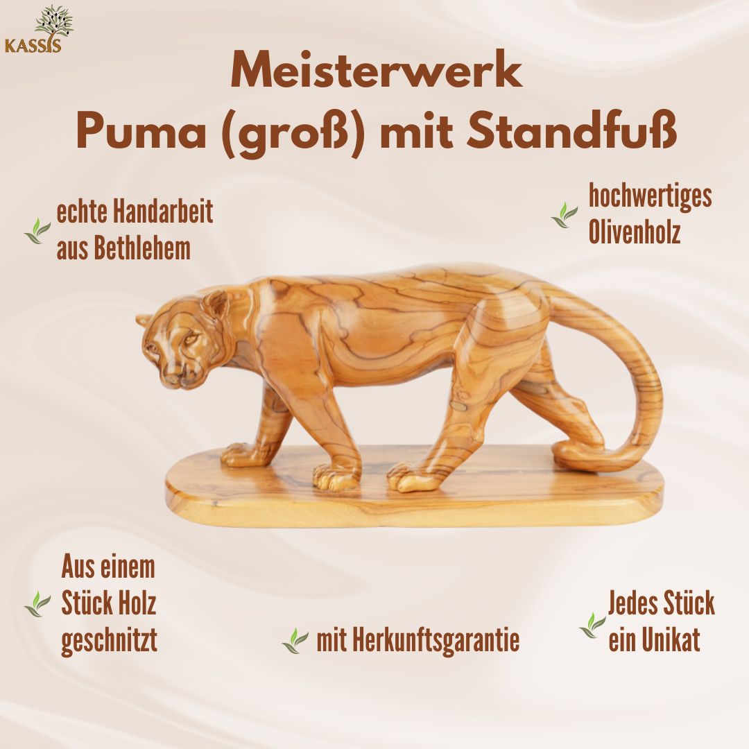 Handgeschnitzter Puma aus Olivenholz (groß) – Exklusive Holzskulptur aus Bethlehem (14x30 cm)