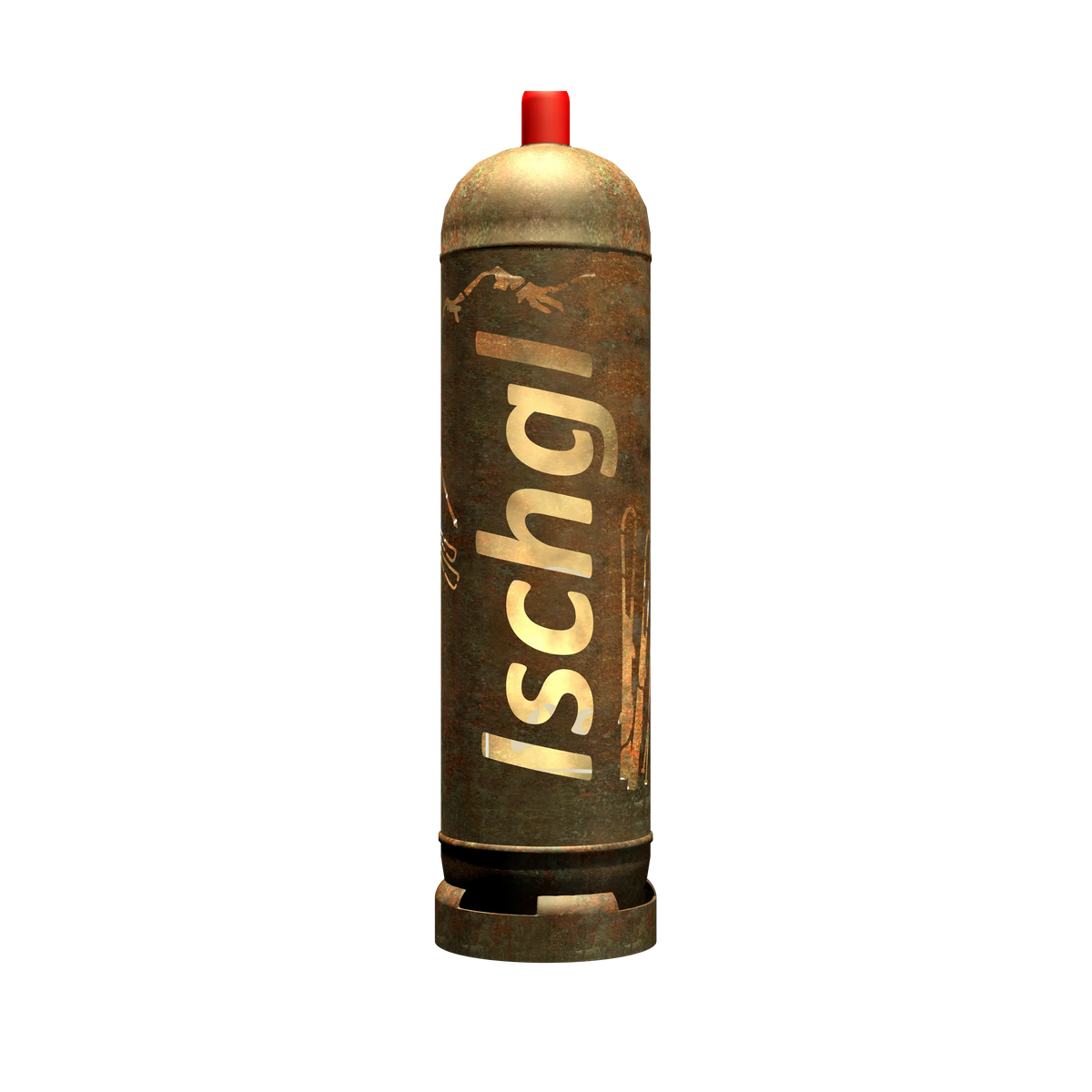 Zylindrische Metall-Feuertonne mit rotem Deckel und großer goldener Aufschrift Ischgl