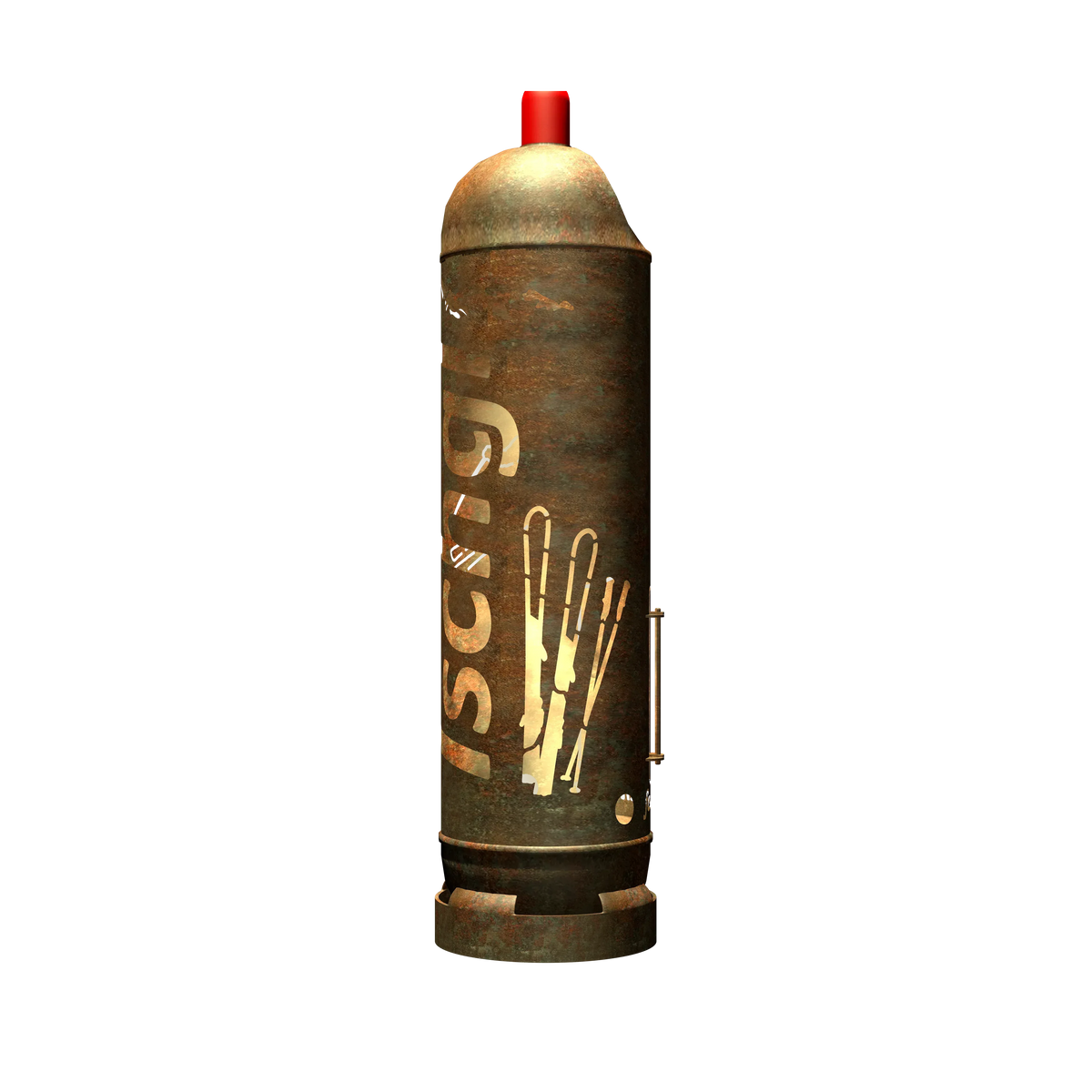 Rustikale Metall-Feuertonne mit rotem Deckel und goldenen Gravuren, zylindrische Form