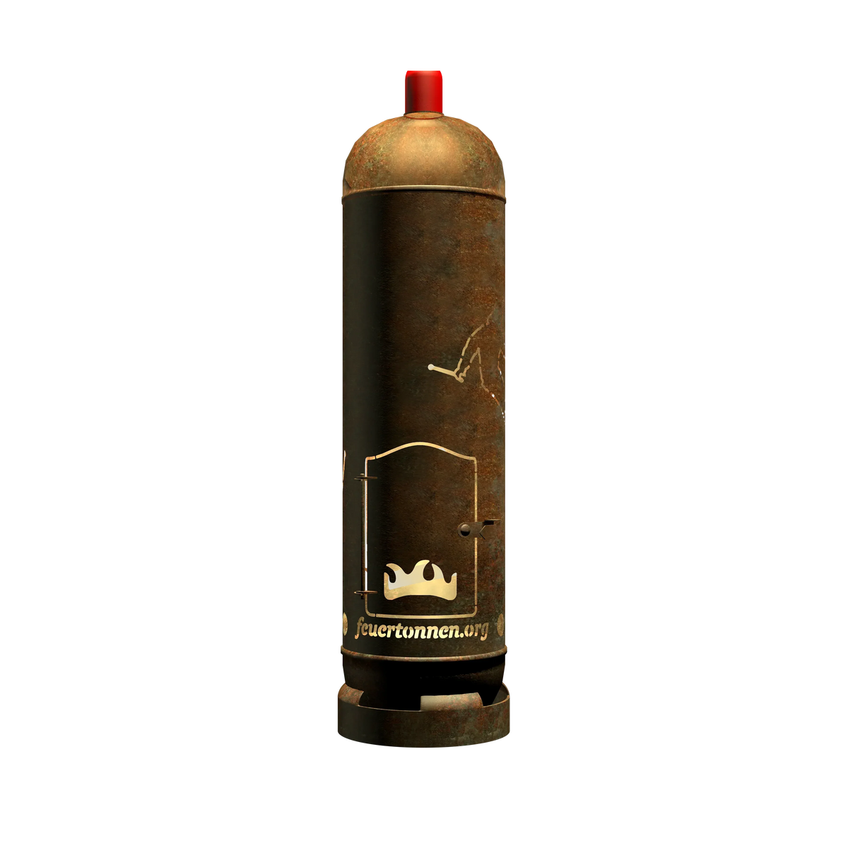 Metall-Feuertonne mit rotem Deckel, dunkler Frontfläche und goldenen Schriftzügen