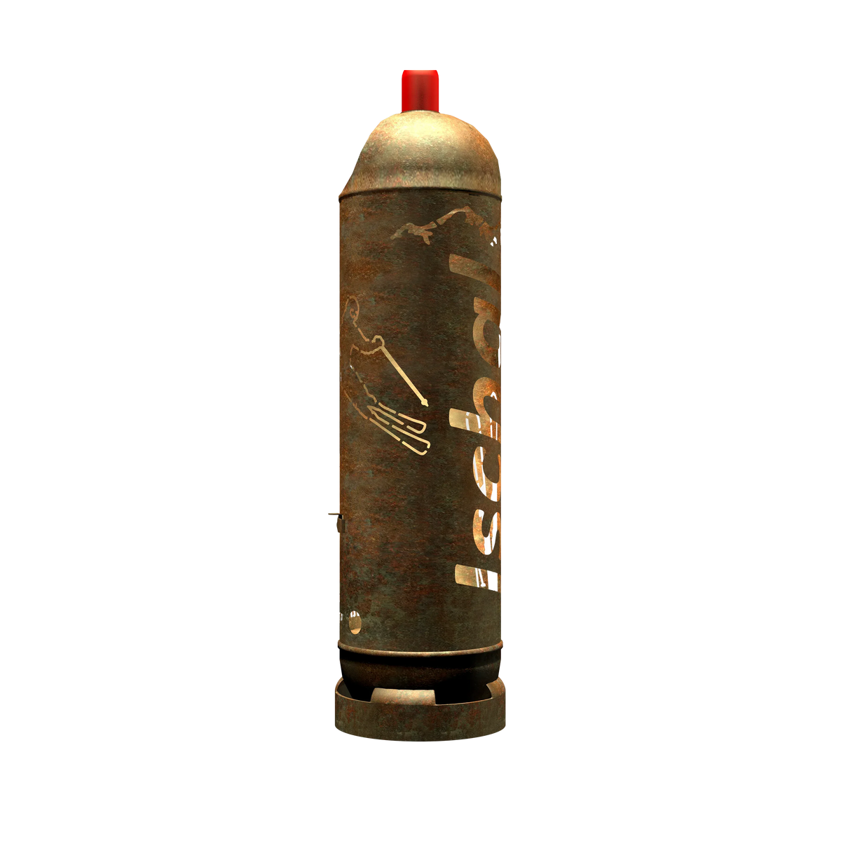Rustige Metall-Feuertonne mit rotem Deckel, goldene Motive und seitliche Öffnung