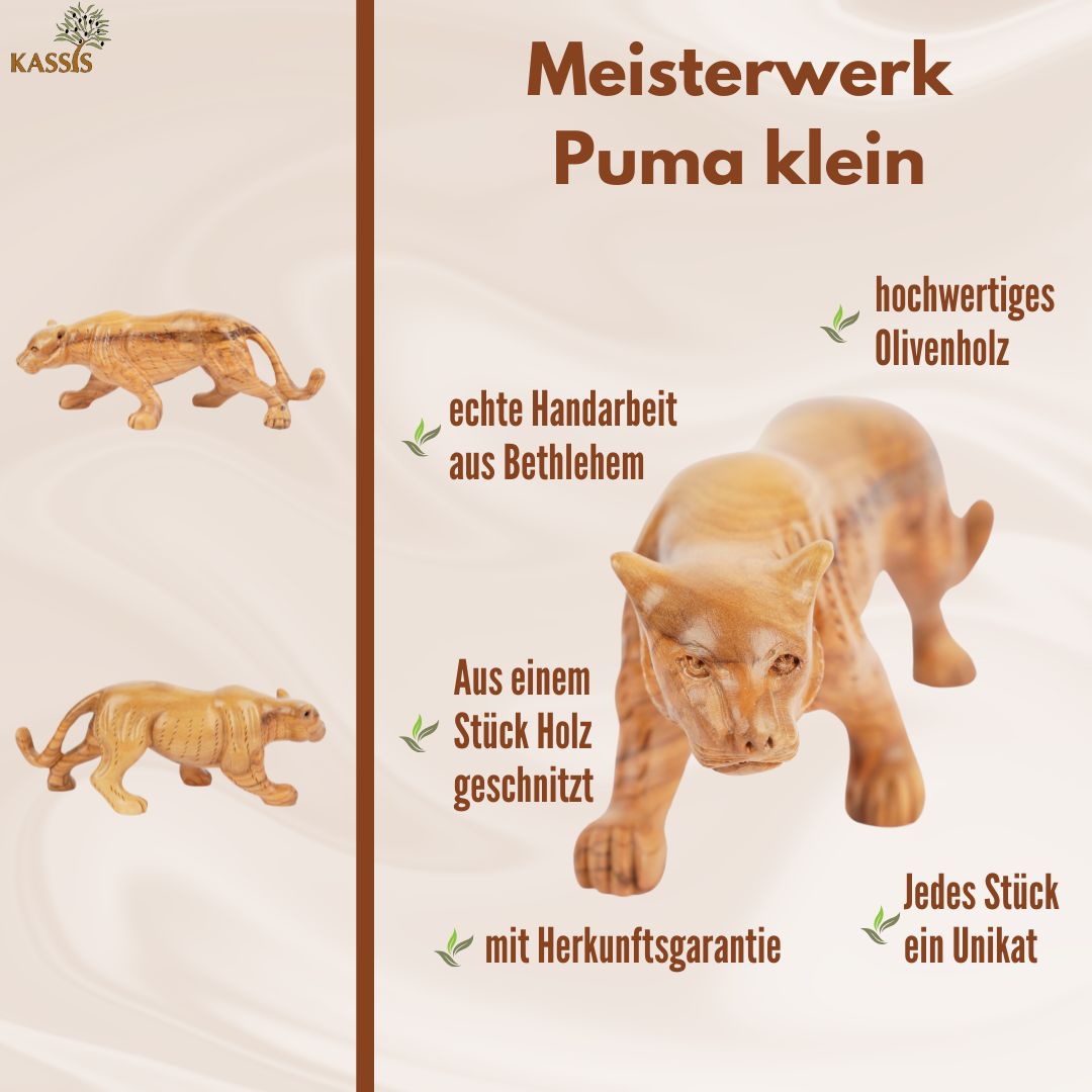 Handgeschnitzter Puma aus Olivenholz (klein) – Kunstvolle Holzskulptur aus Bethlehem (7x20 cm)
