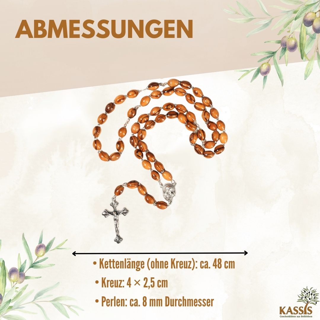 Rosenkranz mit ovalen Olivenholz-Perlen und Elementen aus Metall & Erde | Gebetskette mit Kreuz als Geschenk zur Taufe, Kommunion & Firmung