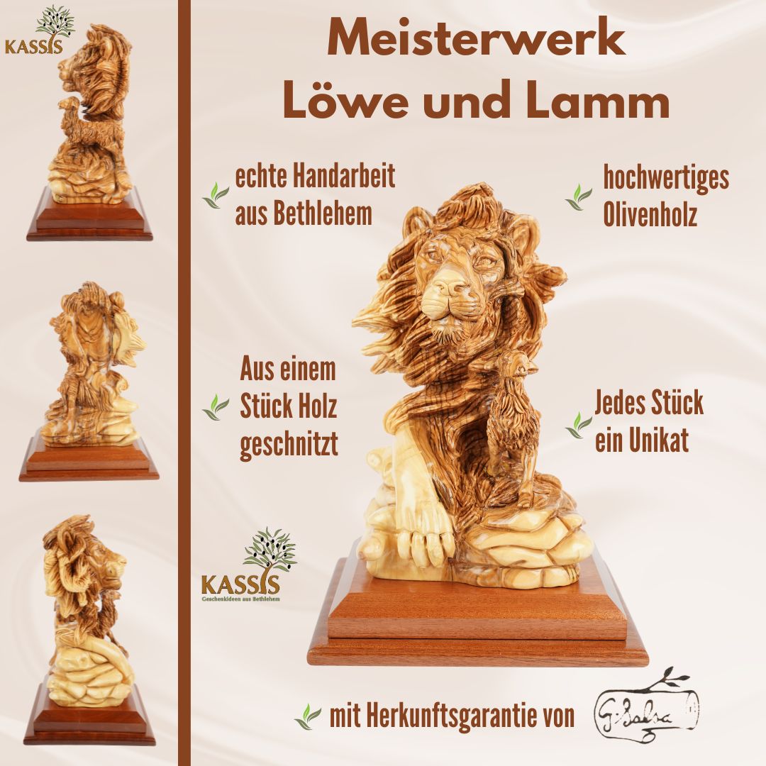 Handgeschnitzte Skulptur „Löwe und Lamm“ – Symbol für Frieden aus Olivenholz (30 cm)