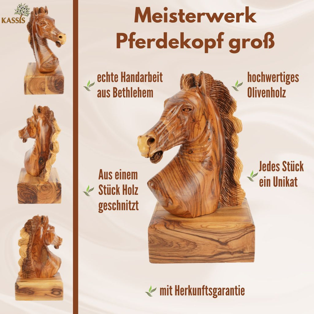 Handgeschnitzter Pferdekopf aus Olivenholz (groß) – Exklusive Holzskulptur aus Bethlehem (24 cm)