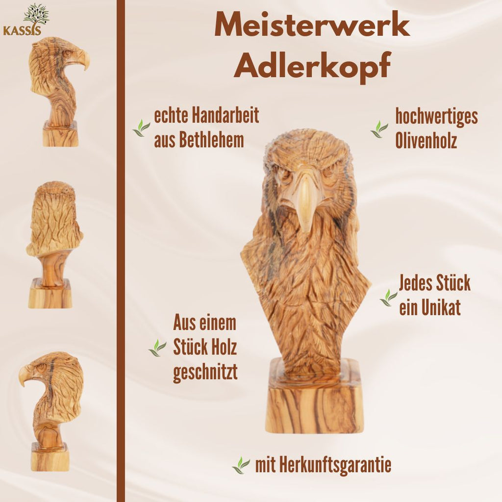 Handgeschnitzter Adlerkopf aus Olivenholz – Exklusive Holzskulptur aus Bethlehem (23 cm)