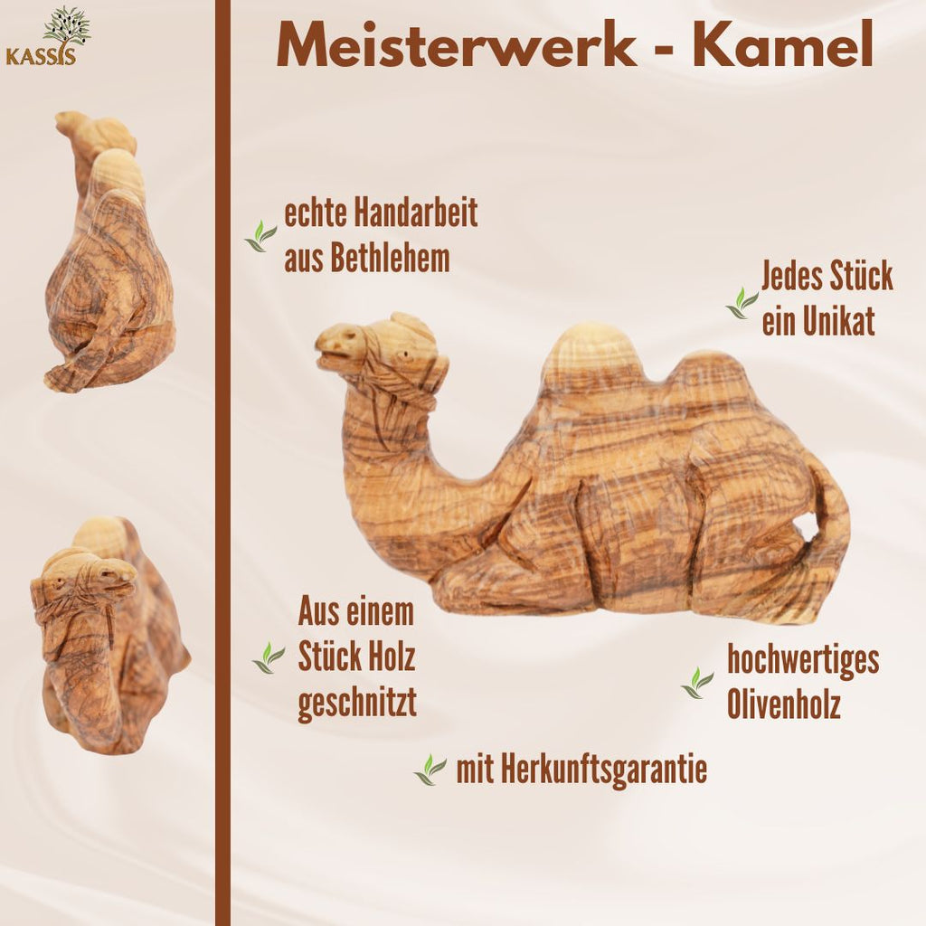 Handgeschnitztes Kamel aus Olivenholz – Kunstvolle Krippenfigur aus Bethlehem (13 cm)