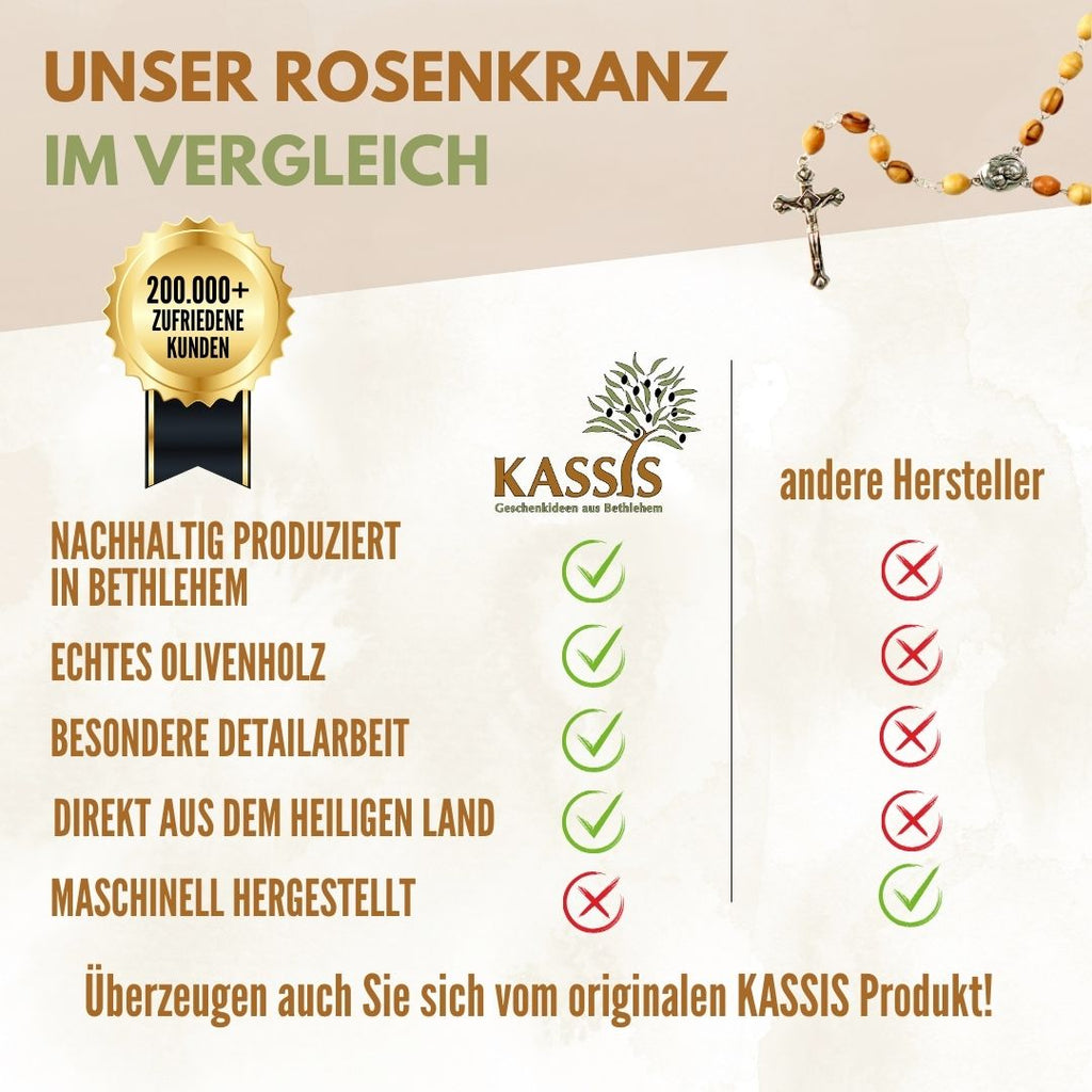 Rosenkranz mit ovalen Olivenholz-Perlen und Elementen aus Metall & Erde | Gebetskette mit Kreuz als Geschenk zur Taufe, Kommunion & Firmung