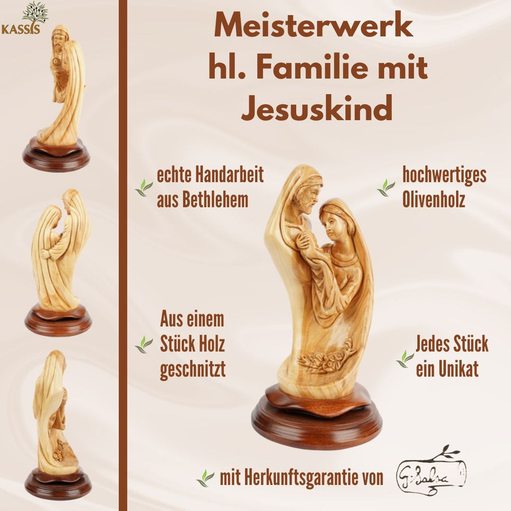 Heilige Familie mit Jesuskind – Handgeschnitzte Olivenholzskulptur aus Bethlehem (28 cm)