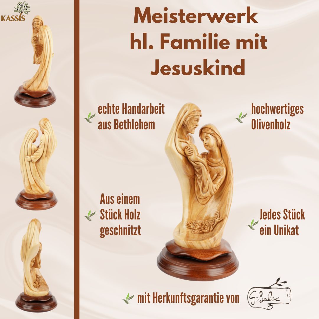 Heilige Familie mit Jesuskind – Handgeschnitzte Olivenholzskulptur aus Bethlehem (28 cm)