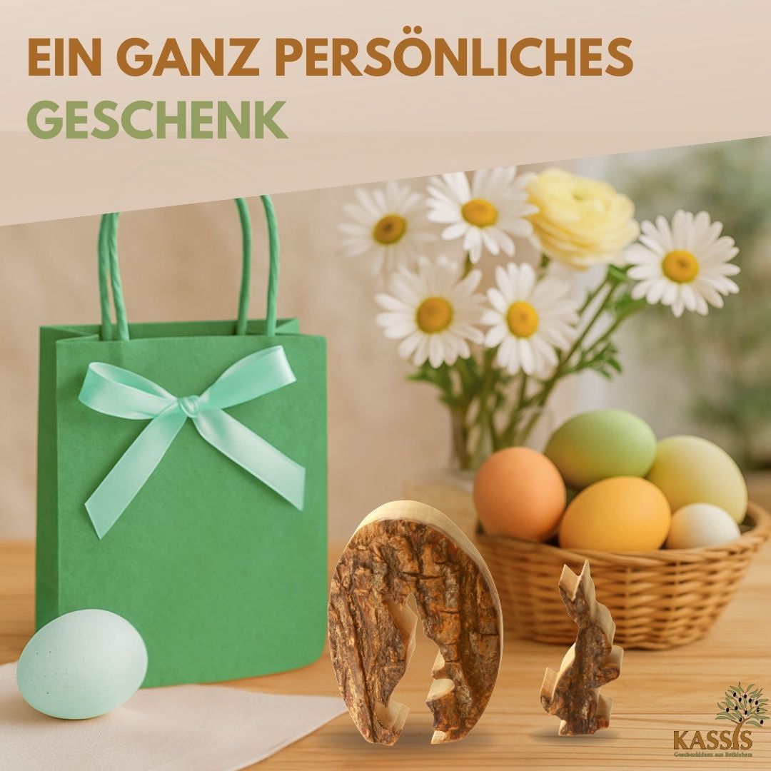 Osterhase im Ei aus Olivenholz mit Rinde | Liebevolle Tischdeko & Osterdeko für Frühling und Ostern