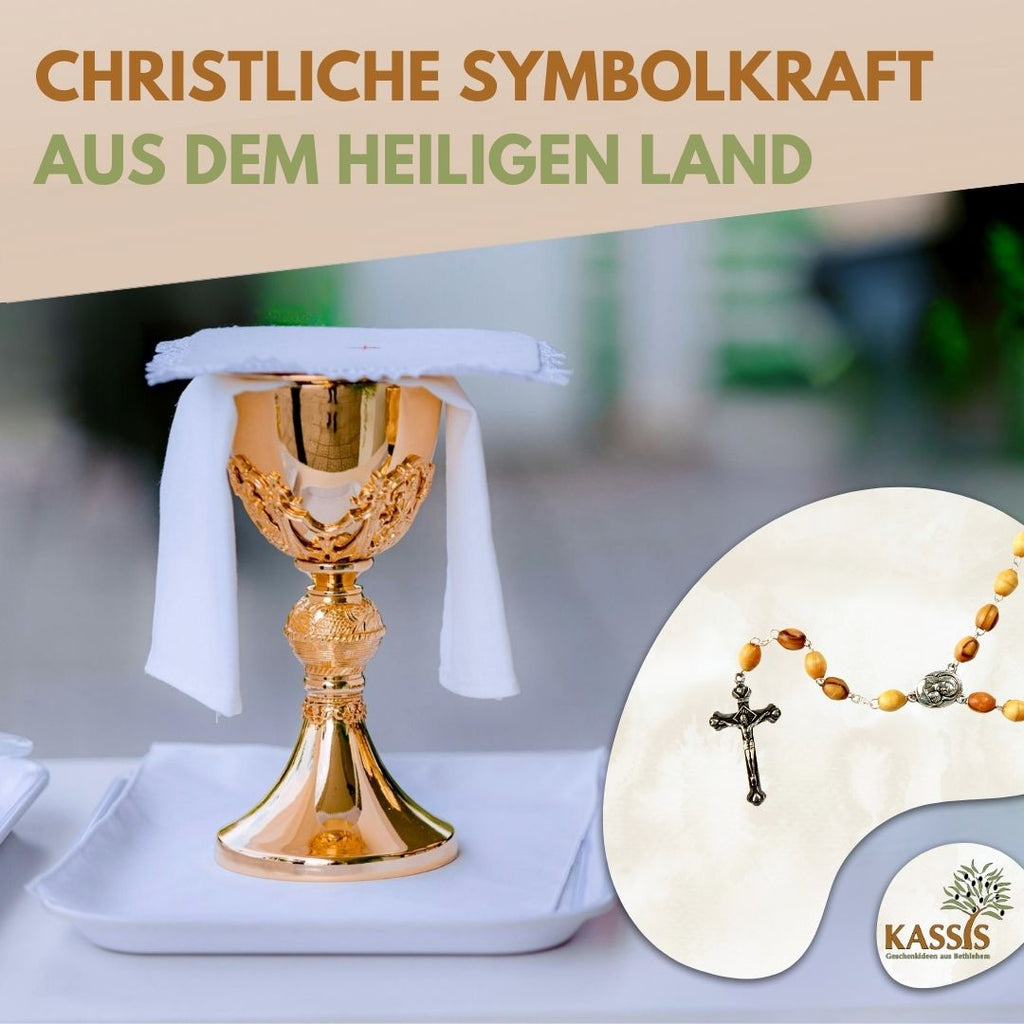 Rosenkranz mit ovalen Olivenholz-Perlen und Elementen aus Metall & Erde | Gebetskette mit Kreuz als Geschenk zur Taufe, Kommunion & Firmung