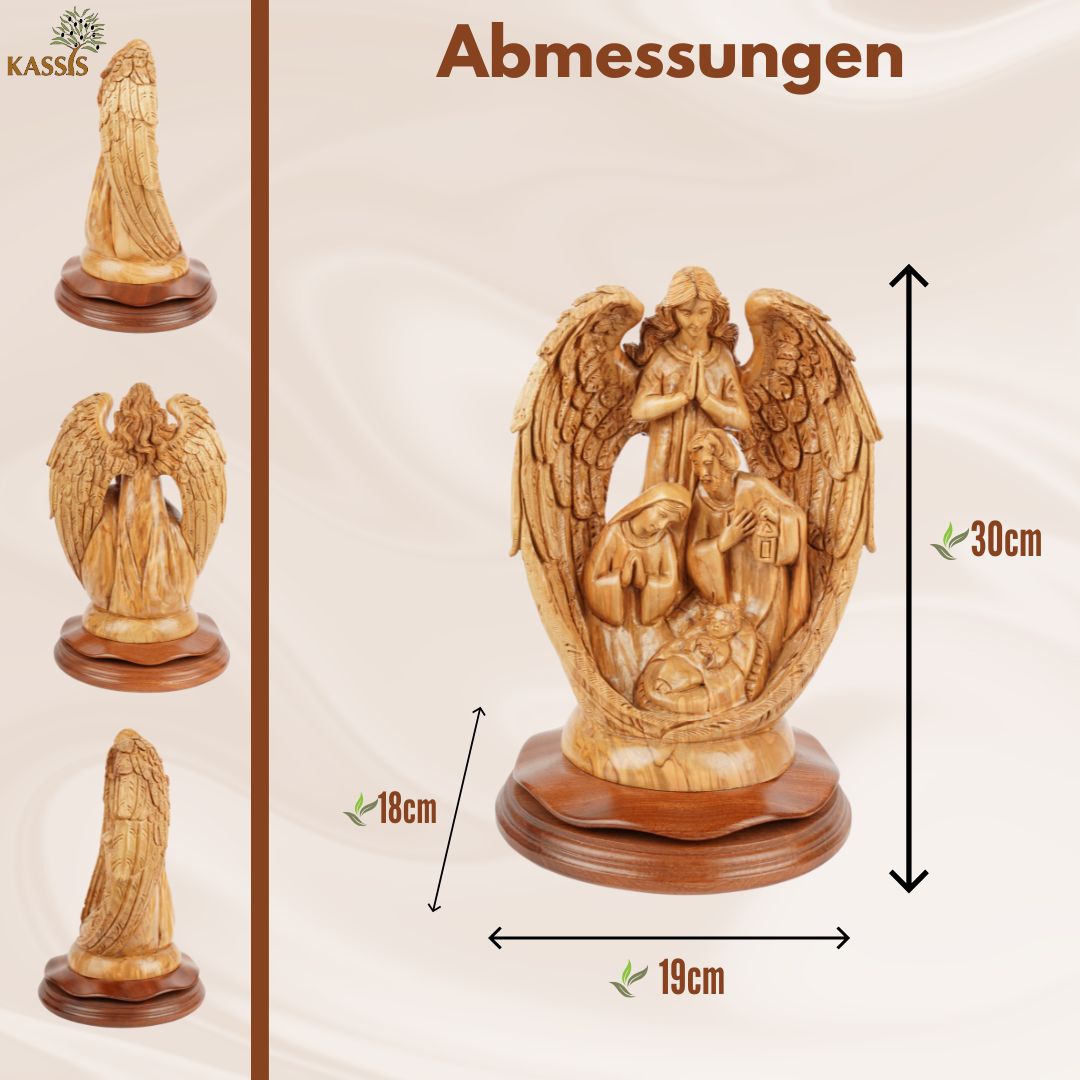 Handgeschnitzte Krippenszene mit Engel – Olivenholzskulptur aus Bethlehem (30 cm)
