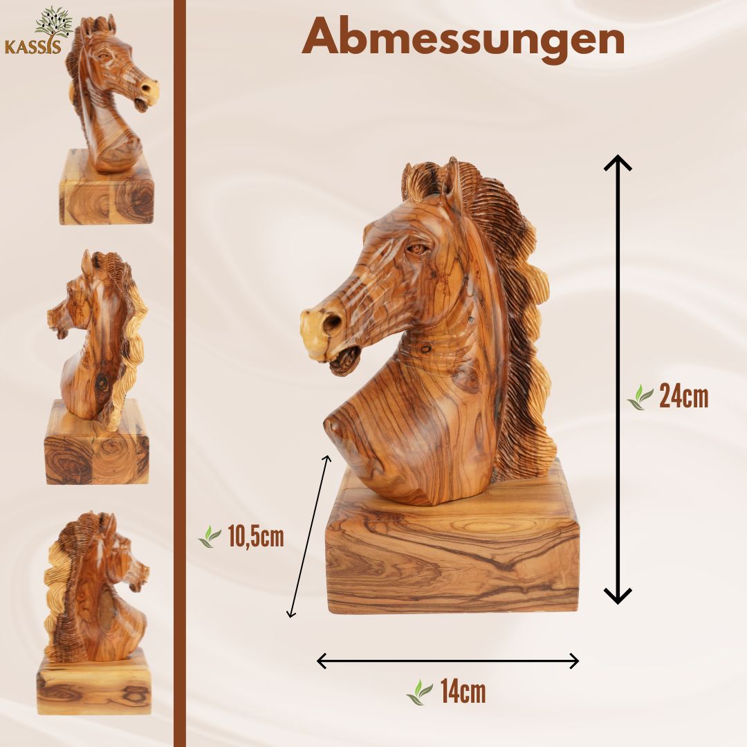 Handgeschnitzter Pferdekopf aus Olivenholz (groß) – Exklusive Holzskulptur aus Bethlehem (24 cm)