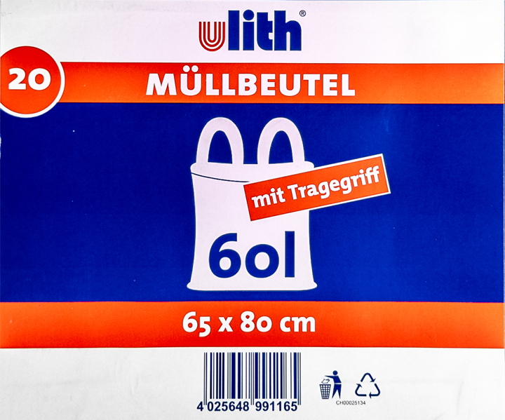 60L Müllbeutel mit Tragegriff - Transparent - Reißfest & Flüssigkeitsdicht
