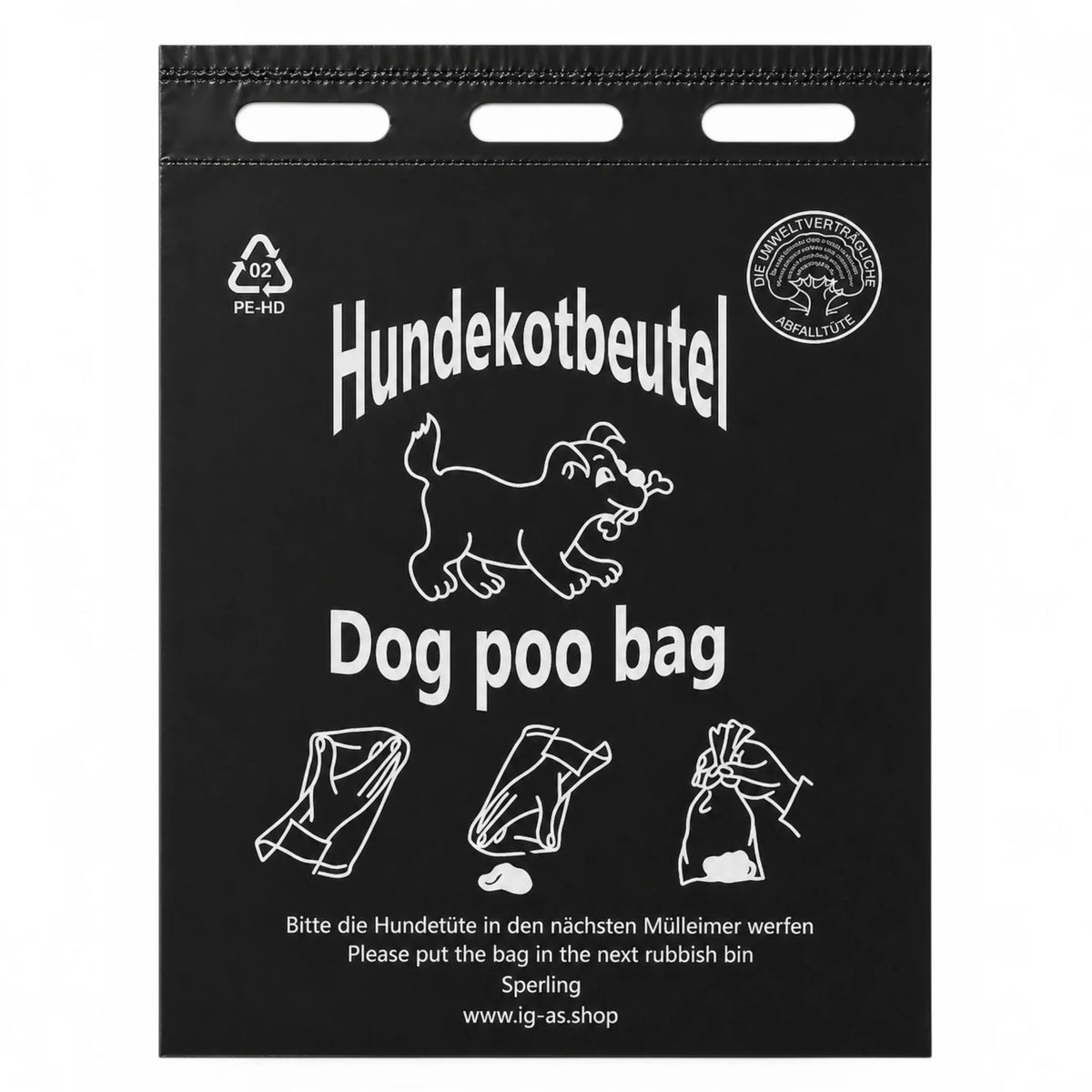 Schwarzer HDPE-Hundekotbeutel im Block, Beutelvorderseite mit Hundesymbolen und Text