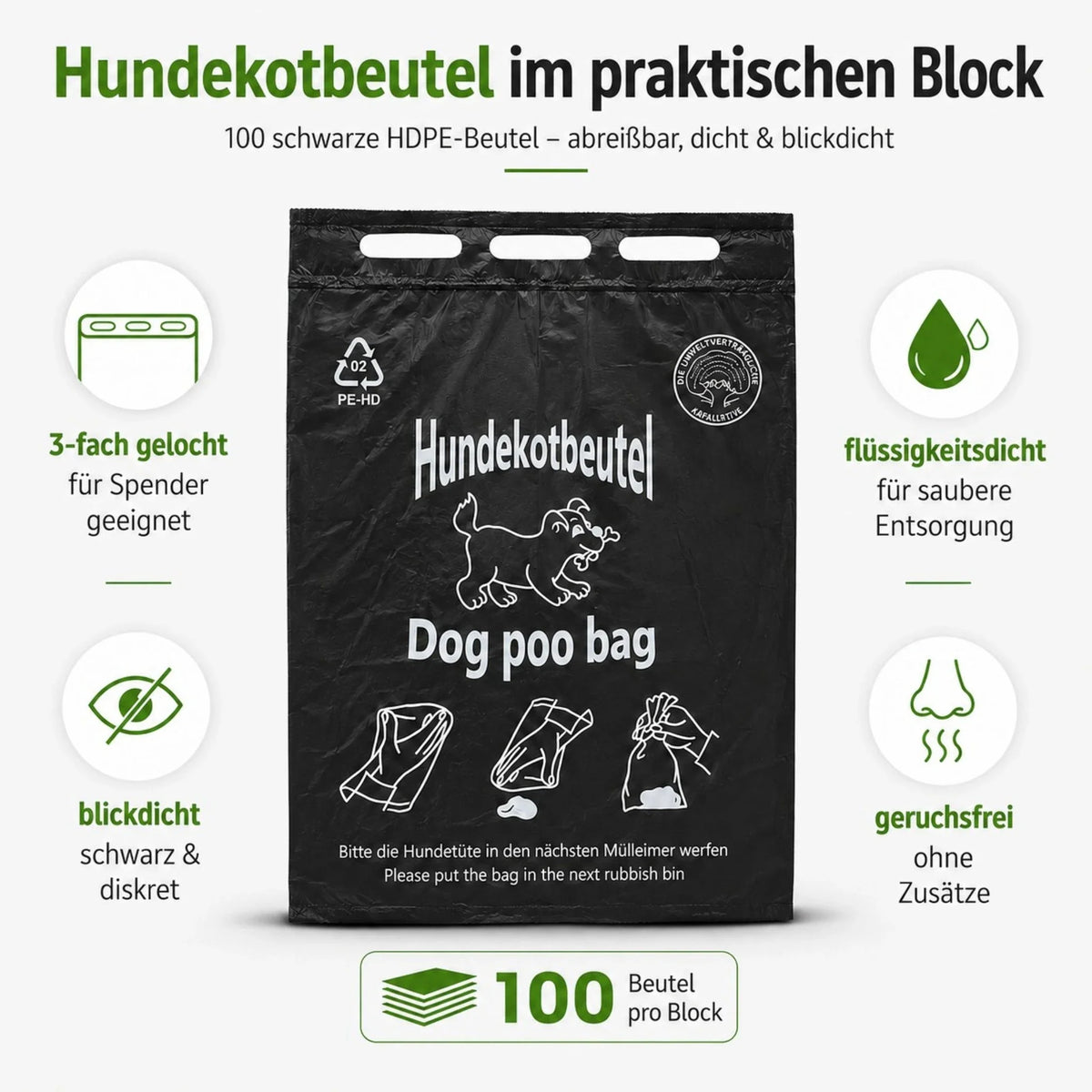 Schwarzer Hundekotbeutel-Block mit 3 Ösen, Vorderansicht des Beutels