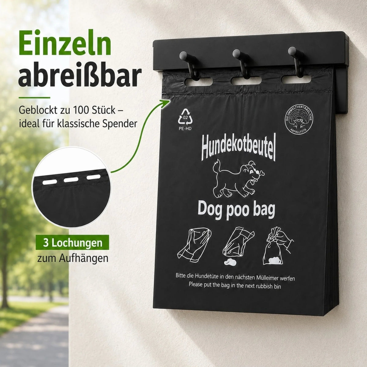 Schwarzer Hundekotbeutel-Block, abreißbar mit 3 Lochungen zum Aufhängen